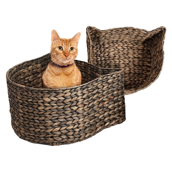 THE LICKER STORE BSK4001B-2SET Felix Cat-Shaped Hand Woven Water Hyacinth Nesting Pet Toy Organizer Baskets, Brown (Set of 2)