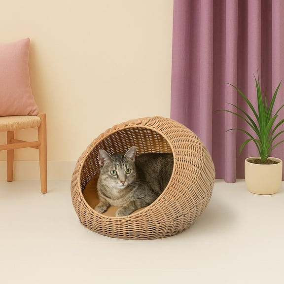 THE LICKER STORE Fiora 19.5" x 18" Modern Circular Faux Wicker Pet Bed with Machine-Washable Cushion, Natural, CBD3000A