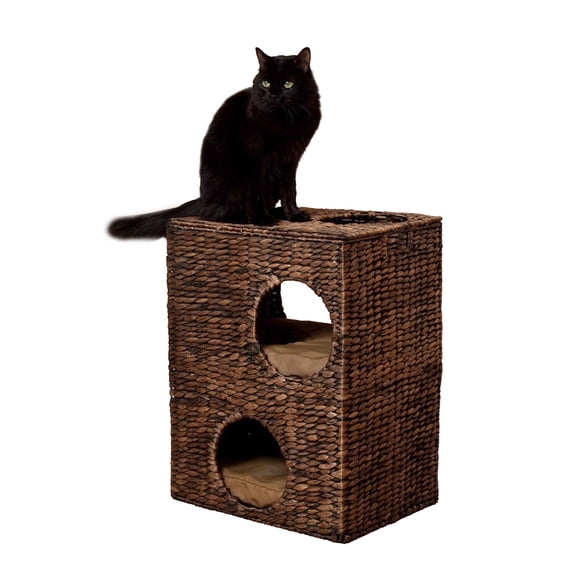 THE LICKER STORE Jaxon 18" Modern Classic 2-Tier Handwoven Hyacinth Rectangular 5-Hole Pet Condo with 2 Machine-Washable Cushions, Brown, CHS1000B