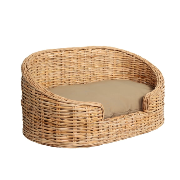 THE LICKER STORE Curvy 28.5" x 17.25" Classic Handwoven Rattan Pet Bed with Machine-Washable Cushion, Light Brown, DBD1000B