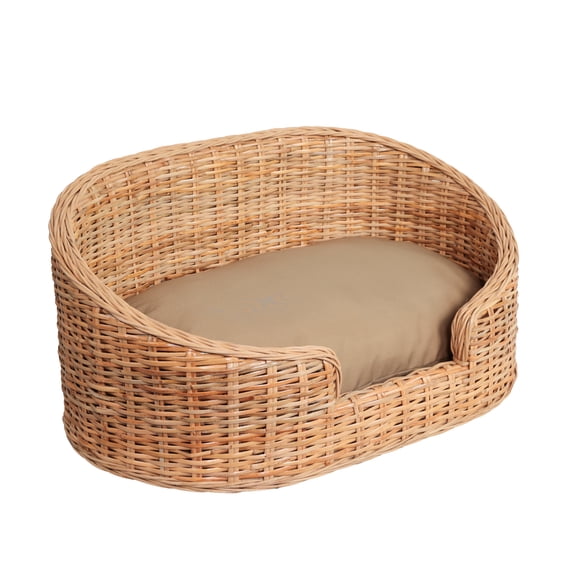 THE LICKER STORE Curvy 33" x 21.25" Classic Handwoven Rattan Pet Bed with Machine-Washable Cushion, Light Brown, DBD1001B