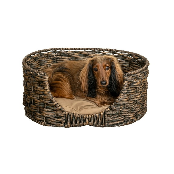 THE LICKER STORE Perri 24" x 18" Classic Farmhouse Handwoven Hyacinth Oval Pet Bed with Machine-Washable Cushion, Brown, DBD4001B