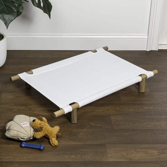 THE LICKER STORE Chester 32" Modern Minimalist Wood Frame Elevated Outdoor Dog Bed, Snow/Light Teak, DBD5000A