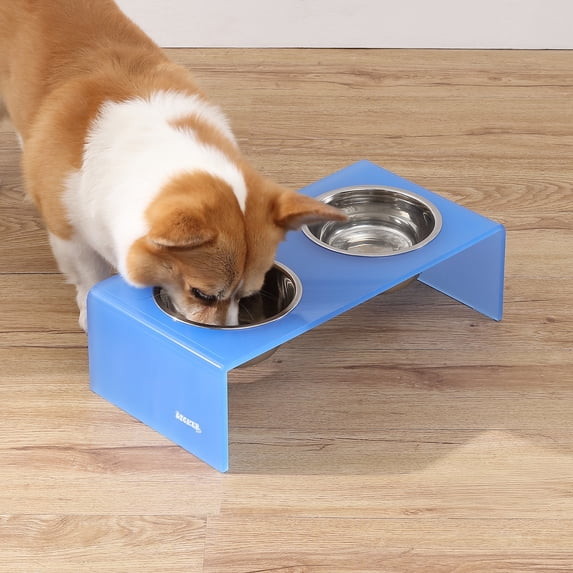 THE LICKER STORE Keaton 5" Small/Medium Modern Acrylic Rectangular Elevated Pet Feeder with 20oz 2-Stainless Steel Bowls, Blue/Chrome, DBL2000C