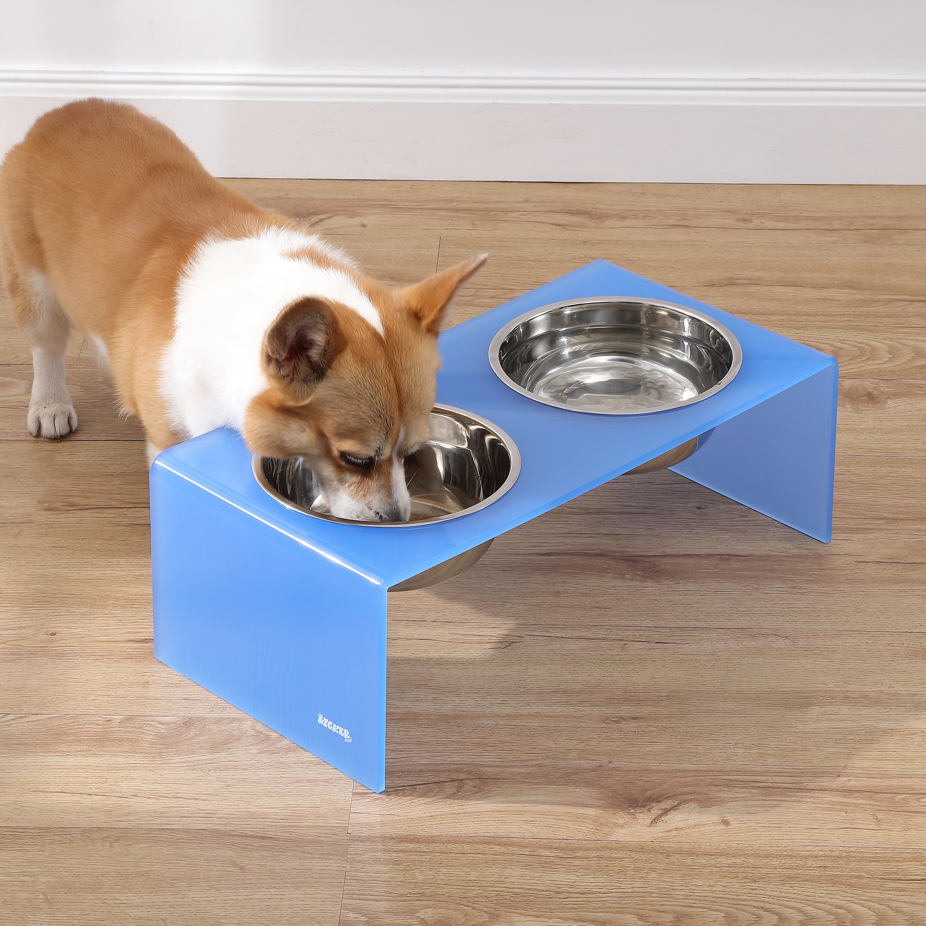 THE LICKER STORE Keaton 7.5" Medium/Large Modern Acrylic Rectangular Elevated Pet Feeder with 54oz 2-Stainless Steel Bowls, Blue/Chrome, DBL2001C