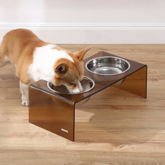 THE LICKER STORE Keaton 7.5" Medium/Large Modern Acrylic Rectangular Elevated Pet Feeder with 54oz 2-Stainless Steel Bowls, Amber/Chrome, DBL2001D