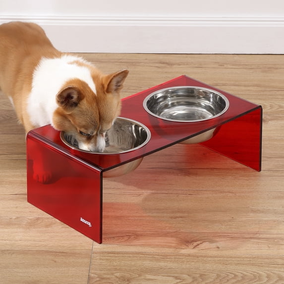 THE LICKER STORE Keaton 7.5" Medium/Large Modern Acrylic Rectangular Elevated Pet Feeder with 54oz 2-Stainless Steel Bowls, Red/Chrome, DBL2001H