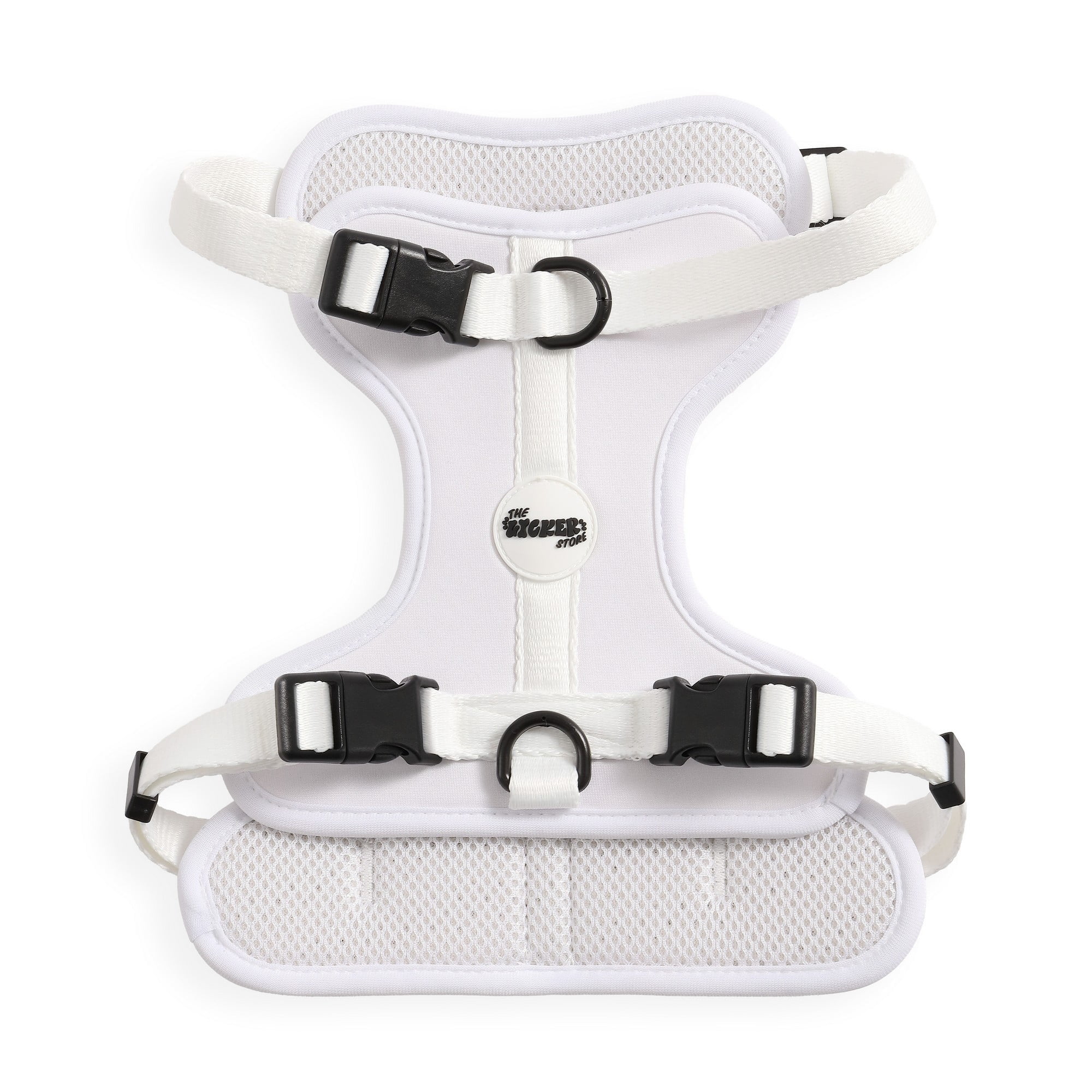 THE LICKER STORE Arlo Medium Adjustable Soft Padded No Pull Pet Harness with 3 Buckles and 3 Leash Clips, White, HNS1002F