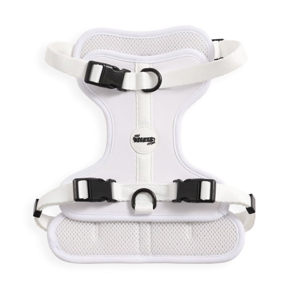 THE LICKER STORE Arlo Medium Adjustable Soft Padded No Pull Pet Harness with 3 Buckles and 3 Leash Clips, White, HNS1002F