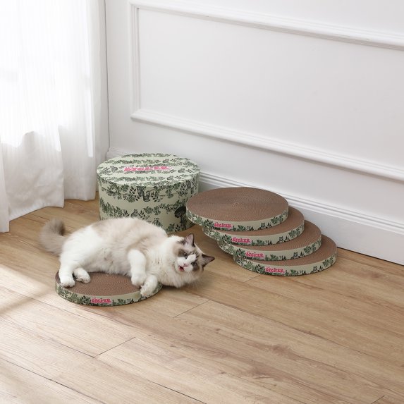 THE LICKER STORE Kate 12" Modern Patterned Cardboard Reversible Cat Scratcher Pad In Box with Catnip, Cat Green (5-Pack)