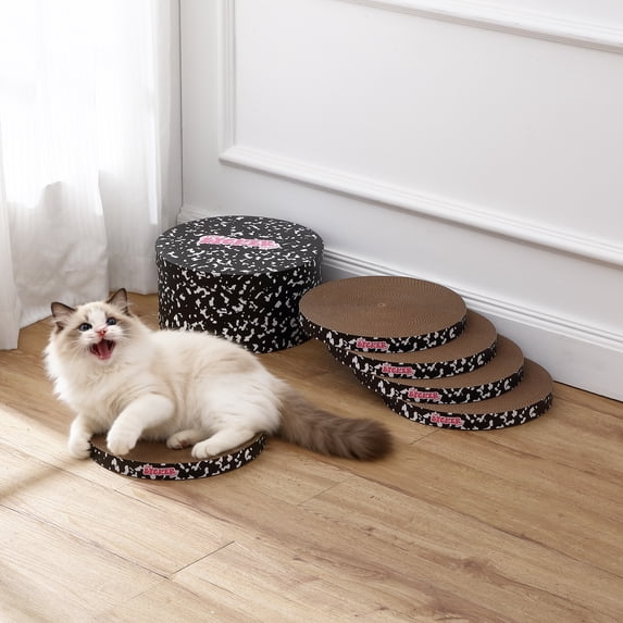 THE LICKER STORE Kate 12" Modern Patterned Cardboard Reversible Cat Scratcher Pad In Box with Catnip, Composition Black/White (5-Pack)