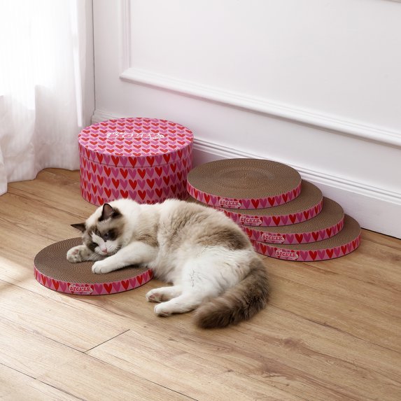 THE LICKER STORE Kate 12" Modern Patterned Cardboard Reversible Cat Scratcher Pad In Box with Catnip, Hearty Pink/Red (5-Pack)