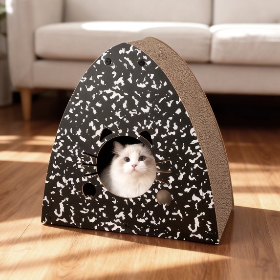 THE LICKER STORE Koko 19" Modern Cardboard Triangle Cat Cave Scratcher with Catnip, Black/White