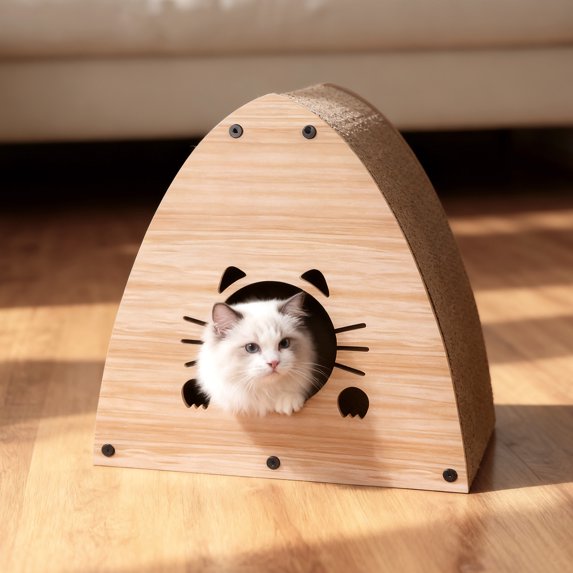 THE LICKER STORE Koko 19" Modern Cardboard Triangle Cat Cave Scratcher with Catnip, Brown Wood Pattern