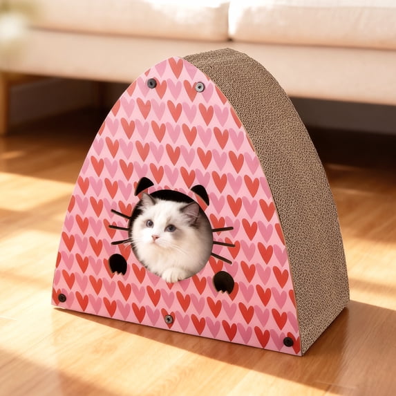 THE LICKER STORE Koko 19" Modern Cardboard Triangle Cat Cave Scratcher with Catnip, Pink/Red