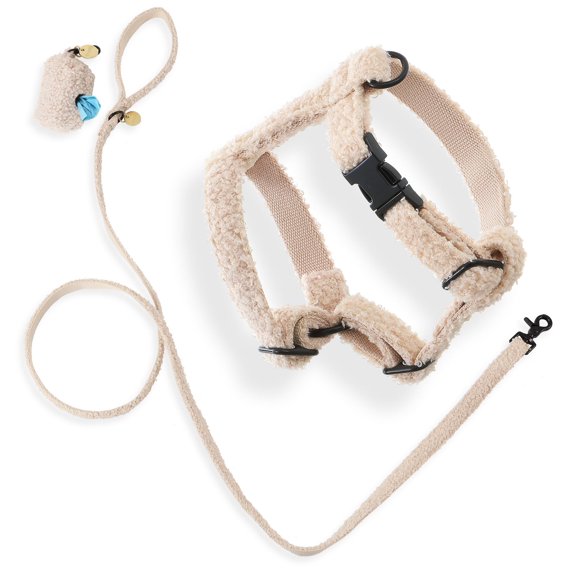 THE LICKER STORE Teddy Extra Small Bouclé Adjustable H Harness and Leash Walk Set with Poop Bag Pouch, Beige, WLK1000A-4SET