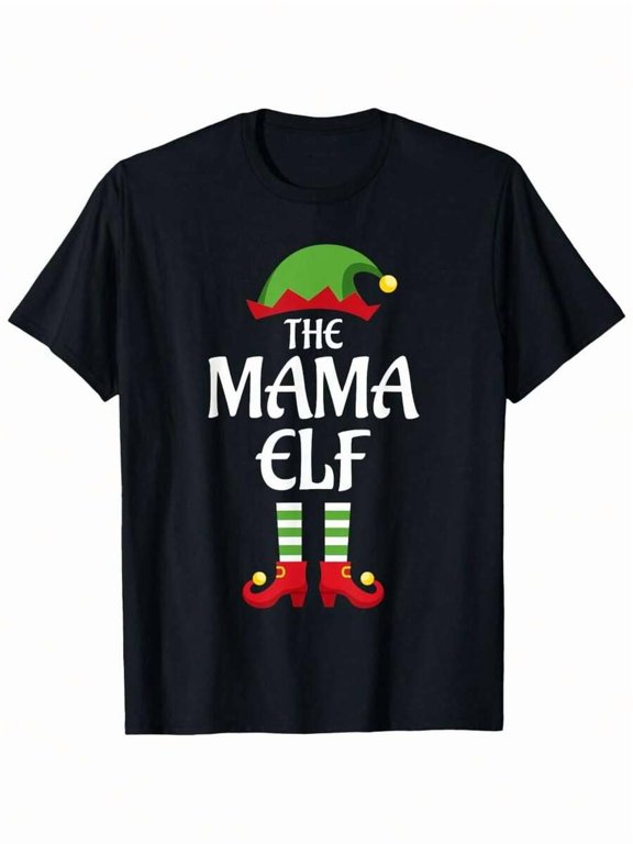 THE MAMA ELF Funny Christmas T Shirt Black Short Sleeve Cotton Graphic Tee Holiday Party Wear Comfort Fit Multiple Sizes Available