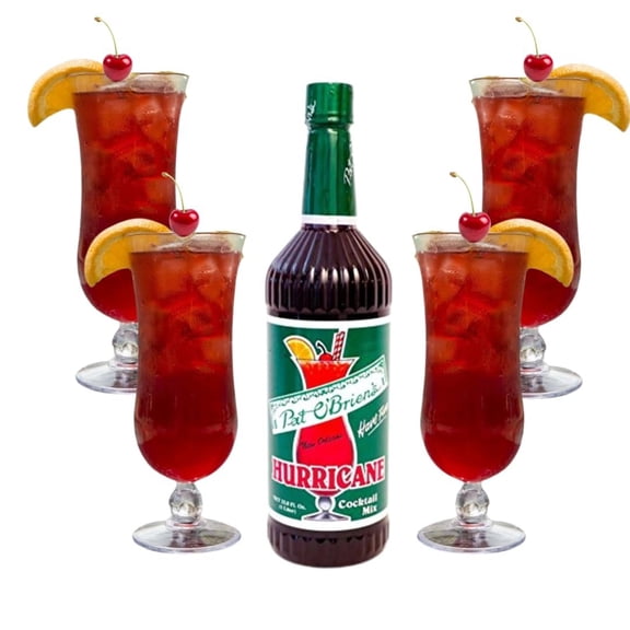 THE MARDI GRAS KREWE Pat O'Brien's Hurricane Cocktail Mix with 4 Hurricane Glasses, 33.8 fl oz Mix, 15 oz Acrylic Glasses