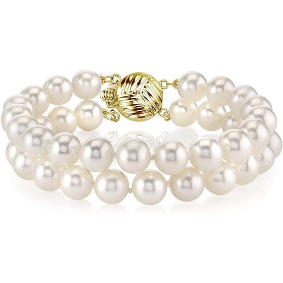 THE PEARL SOURCE 14K Gold 6-7mm AAA Quality Round White Freshwater Cultured Pearl Double Strand Bracelet for Women