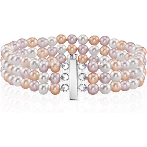 THE PEARL SOURCE 14K Gold 6-7mm AAAA Quality Round Multicolor Freshwater Cultured Pearl Triple Strand Bracelet for Women