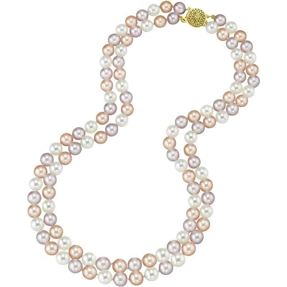 THE PEARL SOURCE 14K Gold 7-8mm AAA Quality Round Multicolor Freshwater Cultured Pearl Double Strand Necklace for Women in 18-19" Princess Length