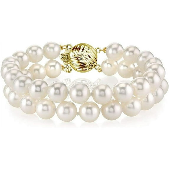 THE PEARL SOURCE 14K Gold 8-9mm AAAA Quality Round White Freshwater Cultured Pearl Double Strand Bracelet for Women