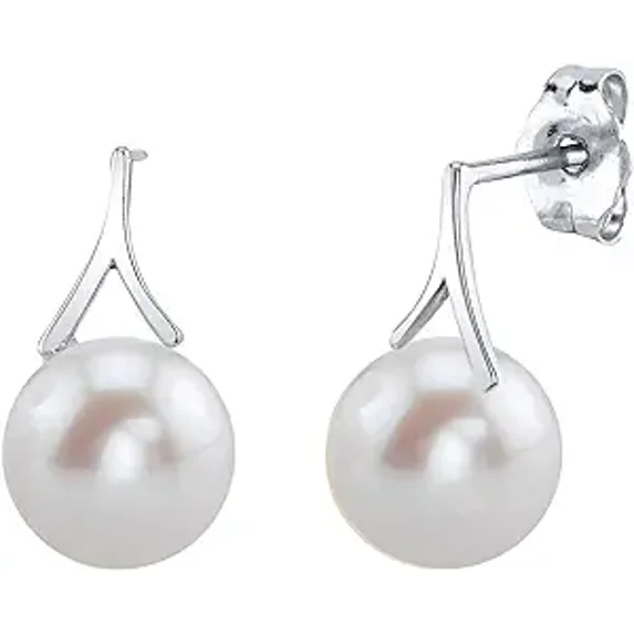 THE PEARL SOURCE 14K Gold 8-9mm Round Genuine White Freshwater Cultured Pearl Lindsey Earrings for Women