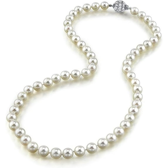THE PEARL SOURCE 14K Gold 9.5-10.0mm Hanadama Quality Round White Japanese Akoya Saltwater Cultured Pearl Necklace in 17" Princess Length for Women
