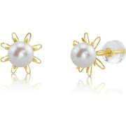 THE PEARL SOURCE 18K Gold 5-5.5mm AAAA Quality Round Genuine White Freshwater Cultured Pearl Elsie Earrings for Women