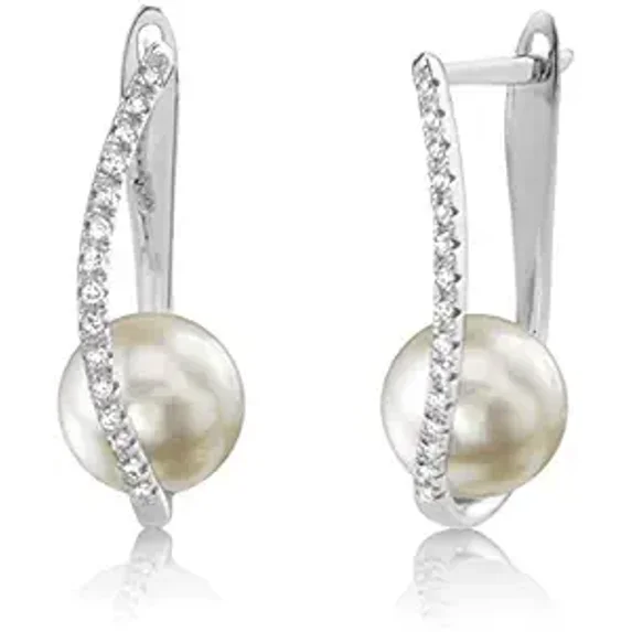 THE PEARL SOURCE 18K Gold 8-9mm AAAA Quality Round Genuine White Freshwater Cultured Pearl & Diamond Eliza Earrings for Women