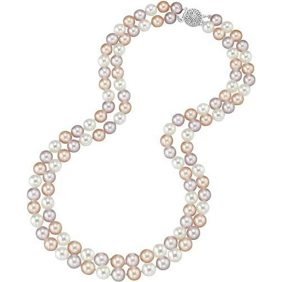 THE PEARL SOURCE 7-8mm AAAA Quality Round Multicolor Freshwater Cultured Pearl Double Strand Necklace for Women in 17-18" Princess Length