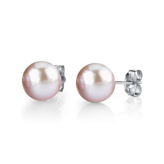 THE PEARL SOURCE Round Pink Freshwater Real Pearl Earrings for Women - 14k Gold Stud Earrings | Hypoallergenic Earrings with Genuine Cultured Pearls, 7.0-7.5mm