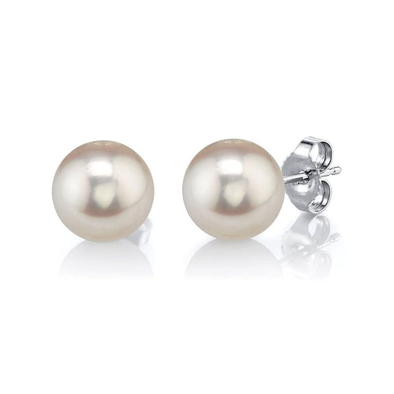 THE PEARL SOURCE Round White Freshwater Real Pearl Earrings in AAAA Quality for Women - 14k Gold Stud Earrings | Hypoallergenic Earrings with Genuine Cultured Pearls, 7.0-7.5mm