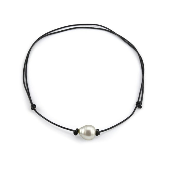 THE PEARL SOURCE Sterling Silver 11-12mm Baroque Genuine White South Sea Cultured Pearl Leather Necklace in 18" Princess Length for Women