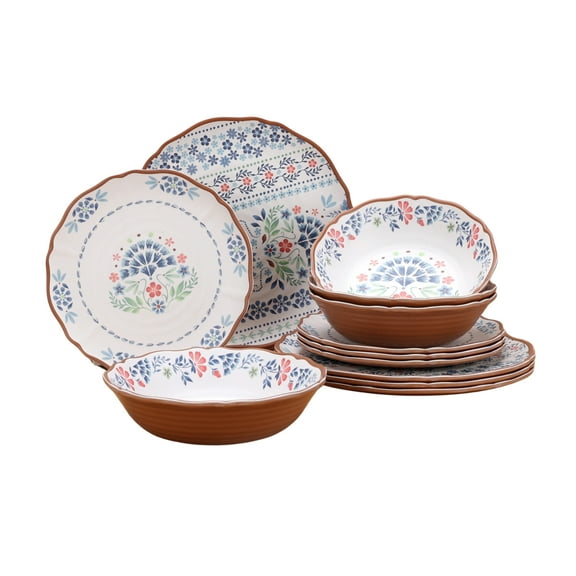 The Pioneer Woman Hattie 12-Piece Bamboo Melamine Dinnerware Set, Multicolor