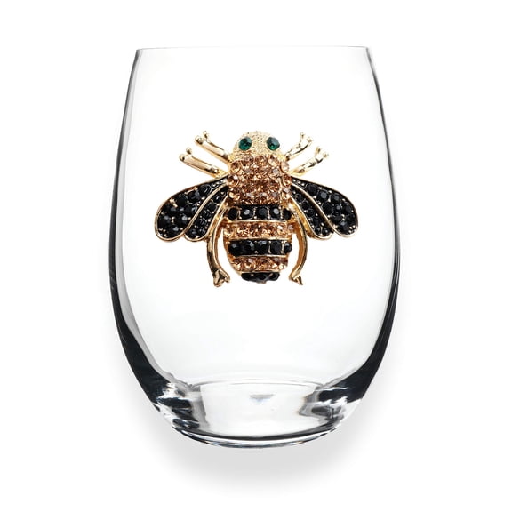 THE QUEENS' JEWELS - Bee Stemless Wine Glass, 21 oz.  Jeweled Eye-Catching Bumble Bee - Hand-Decorated Glassware  Not Painted  Dazzling and Unique