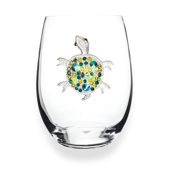 THE QUEENS' JEWELS Turtle Jeweled Stemless Wine Glass, 21 oz. - Colorful and Unique - Hand-Set Rhinestones, Not Painted