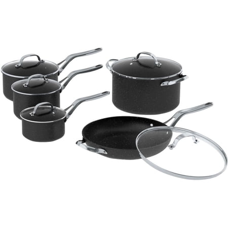 Starfrit The Rock 10-Piece Cookware Set with Stainless Steel Handles - 1 quart Saucepan, 2 quart Saucepan, 3 quart Saucepan, 6 quart Saucepan, Lid, 11" Diameter Frying Pan - Forged Aluminum Base,