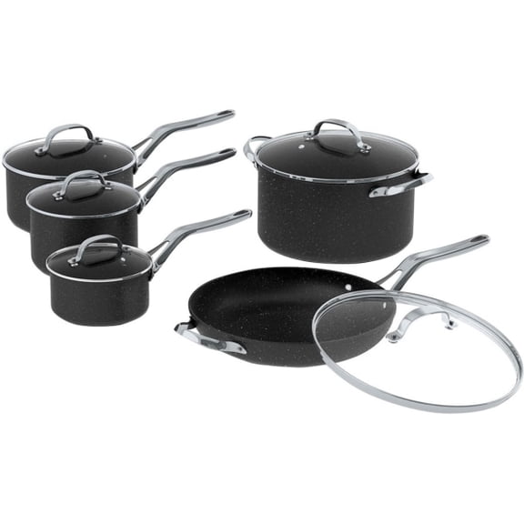 Starfrit The Rock 10-Piece Cookware Set with Stainless Steel Handles - 1 quart Saucepan, 2 quart Saucepan, 3 quart Saucepan, 6 quart Saucepan, Lid, 11" Diameter Frying Pan - Forged Aluminum Base,