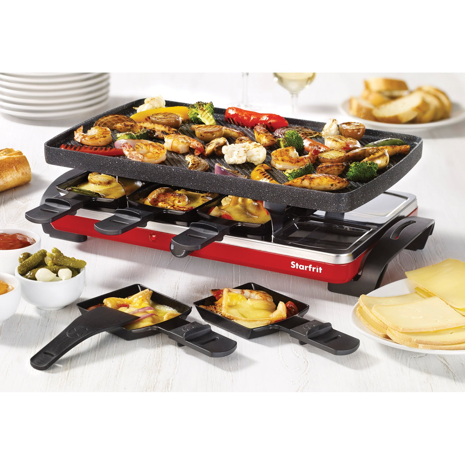 THE ROCK by Starfrit Raclette Party Grill Set, 16" x 9.5" Nonstick Reversible Griddle/Grill Plate, 8 Dishes, 1,500W, Black