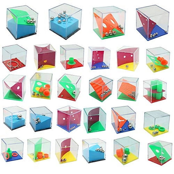 The Twiddlers 28 Mini Cube Brain Teaser Maze Puzzle Box Party Favor Set for Kids & Adults, 1.5 inch