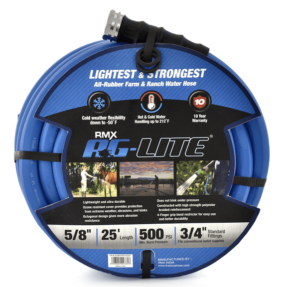 AG-Lite 5/8" x 25 ft Rubber Water Hose, Compact Heavy Duty Synthetic Rubber Hose – Blue