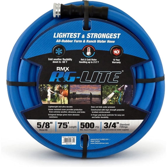 AG-Lite 5/8" x 75 ft Irrigation Hose, 100% Rubber, 500 PSI, Agriculture Grade, Lightweight & Flexible, 3/4" GHT Brass Fittings, Hot & Cold Water Use, Kink Resistant, 10-Year Warranty