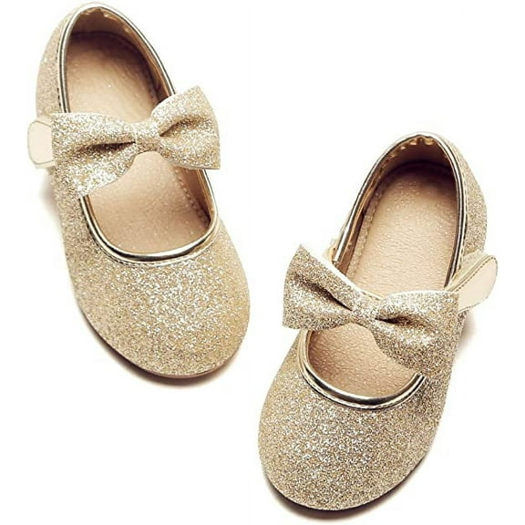 THEE BRON Girls Kids School Dress Ballet Shoes-Toddler Cute Bow Tie Mary Jane Flats (810-Gold,5M)