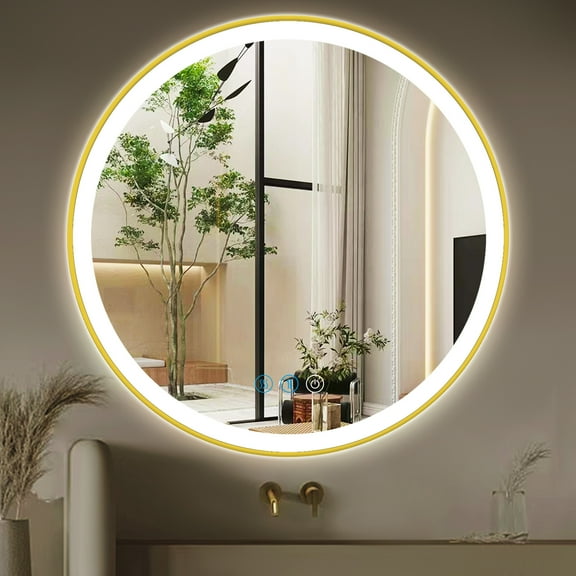 THEKLA 30 inch Gold Bathroom Round LED Mirror with Gold Frame Round Lighted Vanity Mirror for Bathroom Wall 3 Color Dimmable Anti-Fog Smart Frontlit 30" Golden Framed Rounds Circle Light up Mirrors