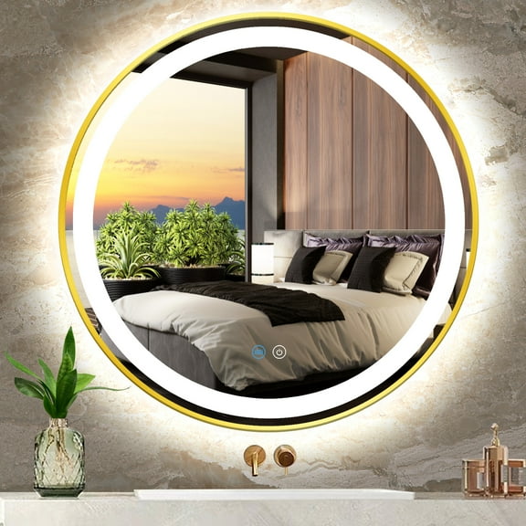 THEKLA 30 inch Gold Bathroom Round LED Mirror with Gold Frame Round Lighted Vanity Mirror for Bathroom Wall 3 Color Dimmable Anti-Fog Smart Frontlit 30" Golden Framed Rounds Circle Light up Mirrors