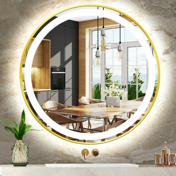 THEKLA 30 inch Gold Bathroom Round LED Mirror with Gold Frame Round Lighted Vanity Mirror for Bathroom Wall 3 Color Dimmable Anti-Fog Smart Frontlit 30" Golden Framed Rounds Circle Light up Mirrors