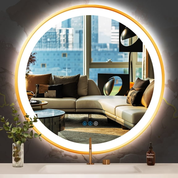 THEKLA 40 in Gold Framed Round LED Bathroom Mirror, Smart Lighted Vanity Makeup Mirror for Wall Mount, 3Color Dimmable, AntiFog Large Circle Mirror
