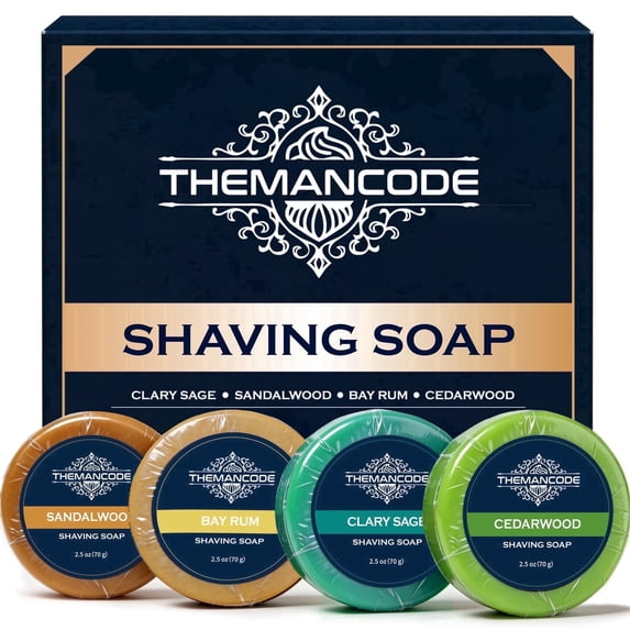 THEMANCODE Shave Soap for Men, 4 Pack Shaving Soap Pucks, Rich Lather, Smooth Close Shave, 4 Scents, Gift Set for Men, 4 x 2.5 oz