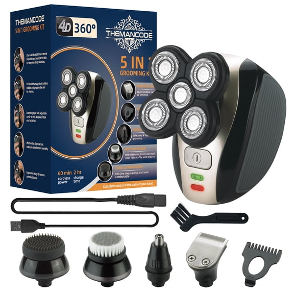 THEMANCODE 5-in-1 Head Shaver for Bald Men, 4D Electric Rotary Razor, Cordless Wet & Dry Waterproof, Rechargeable Grooming Kit with Precision Blades, Nose Trimmer & Facial Brush, Gift Set for Men